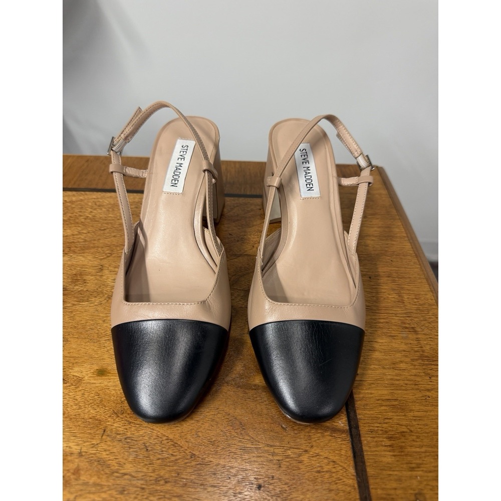 Steve Madden Women's 7 Belinda Leather Slingback Block Heels In Beige Black Cap